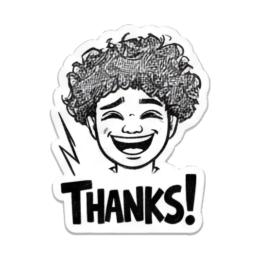 Curly-haired boy laughing with text THANKS. Curly Hair Doodle Vibes sticker for expressive chats and social replies.