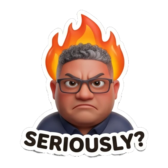 Man with glasses looking furious with fire above head with text SERIOUSLY? Office Guy Expressions sticker for expressive chats and social replies.