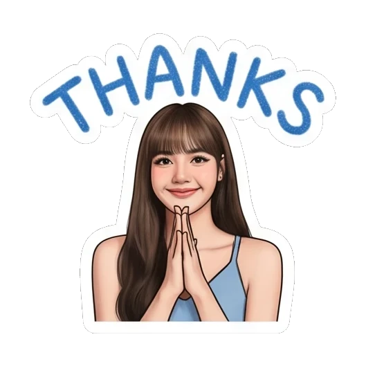 Young woman with hands pressed together in thanks and THANKS text. Lisa Daily Vibes sticker for expressive chats and social replies.