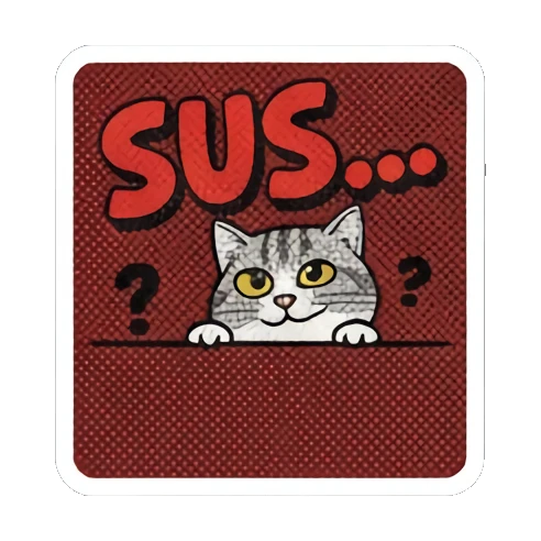 Suspicious cat, "SUS..." Retro Cat Reactions sticker for expressive chats and social replies.