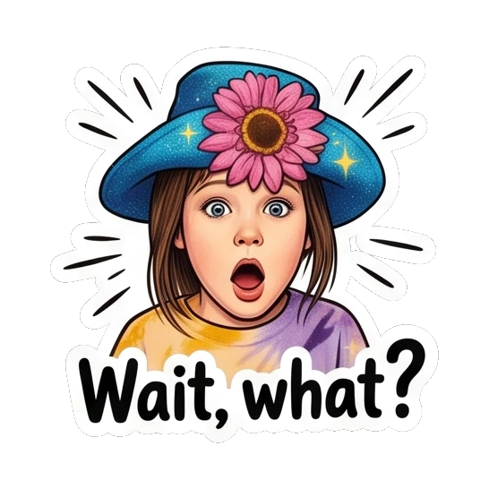 Surprised girl with wide eyes and mouth open with text Wait what Sunflower Girl Daily Vibes sticker for expressive chats and social replies.