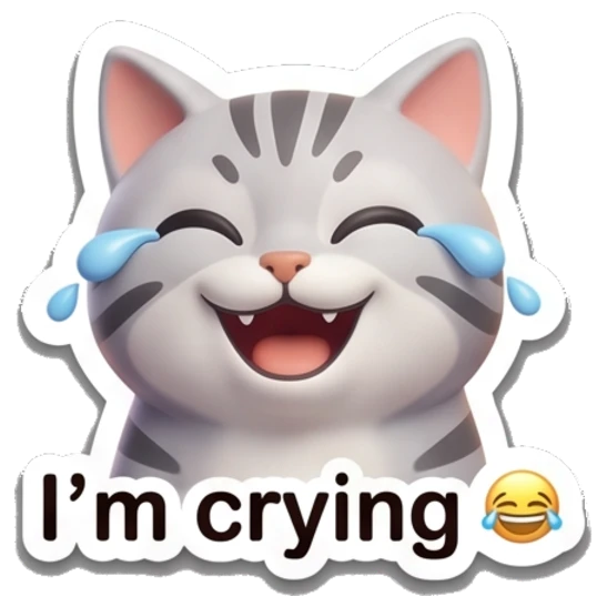 Happy crying gray tabby cat with tears of joy and text 'I'm crying' Cheerful Gray Tabby Cat sticker for expressive chats and social replies.