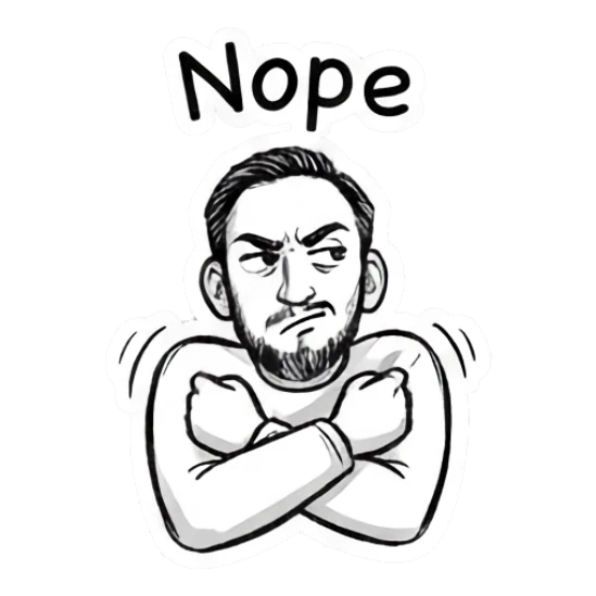 Bearded man looking skeptical with arms crossed, Nope text. Doodle Guy Daily Vibes sticker for expressive chats and social replies.