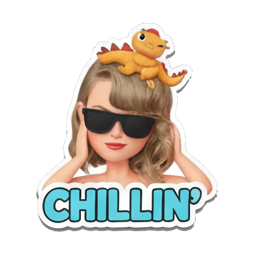 Blonde girl wearing sunglasses relaxing with a dragon, CHILLIN' text. Taylor Style 3D Adventures sticker for expressive chats and social replies.