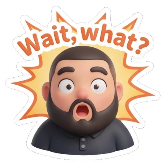 Bearded man looking shocked with wide eyes and mouth open. Bearded Buddy Expressions sticker for expressive chats and social replies.