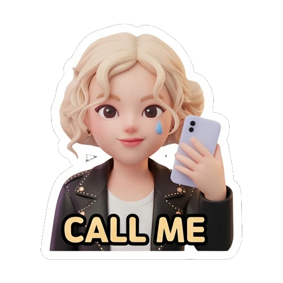 金发女孩拿着手机，表情忧郁，文字CALL ME Blonde Rocker Girl Daily sticker for expressive chats and social replies.