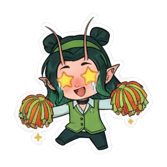 Girl cheering with pom-poms and star-shaped eyes Green Mantis Girl Adventures sticker for expressive chats and social replies.
