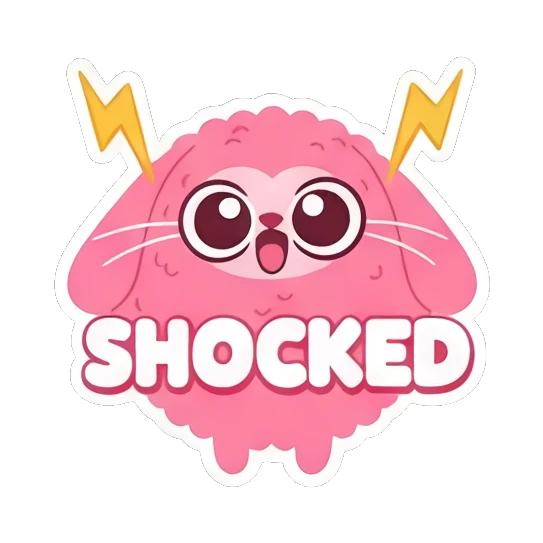 Pink bunny with wide eyes and lightning bolts, 'SHOCKED' text. Pink Fluffy Bunny Emotions sticker for expressive chats and social replies.