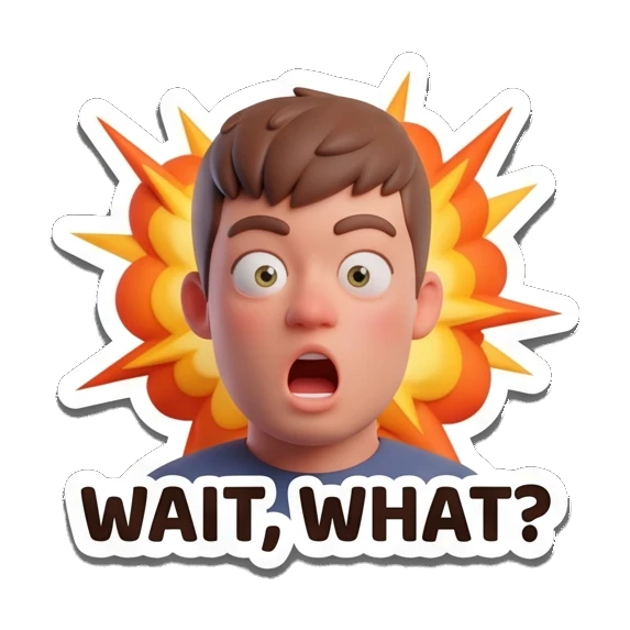 Boy looking shocked with explosion background and WAIT, WHAT? text Cheerful 3D Boy Daily Expressions sticker for expressive chats and social replies.