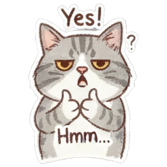 Cat looking skeptical with thumbs up, text Hmm... Fluffy Doodle Cat Expressions sticker for expressive chats and social replies.