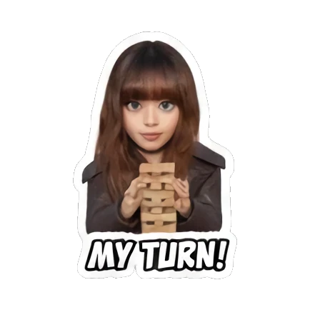 Gamer girl stacking wooden blocks with 'MY TURN!' text, focused. Gamer Girl Adventures sticker for expressive chats and social replies.