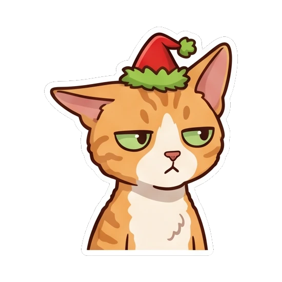 Ginger cat wearing a small Santa hat looking annoyed Ginger Cat Holiday Joy sticker for expressive chats and social replies.