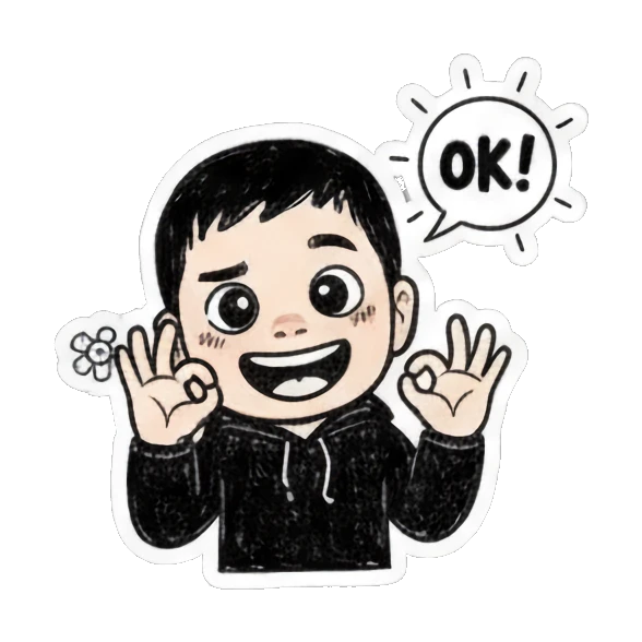 Boy making an OK gesture with a happy face and speech bubble. Cool Boy Doodle Diary sticker for expressive chats and social replies.