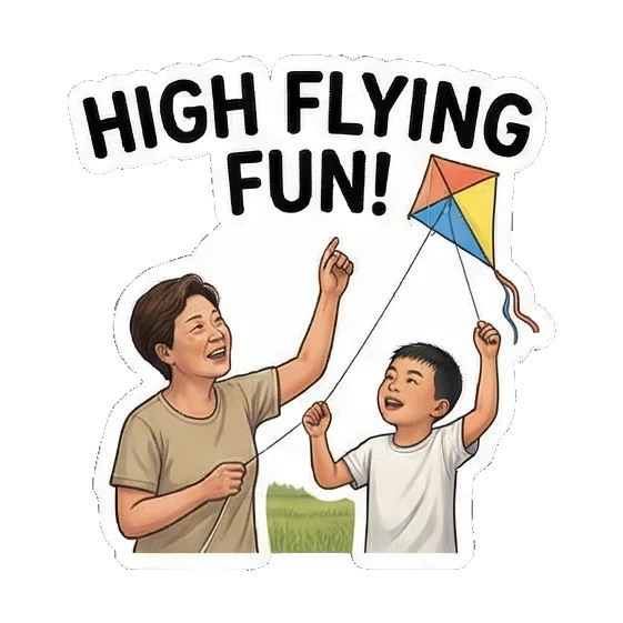 母子俩兴奋放风筝 Mom & Son's Summer Fun sticker for expressive chats and social replies.