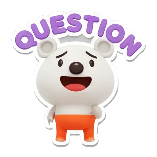 Polar bear cub looking confused with QUESTION text, head tilted. Cheerful Polar Bear Cub sticker for expressive chats and social replies.