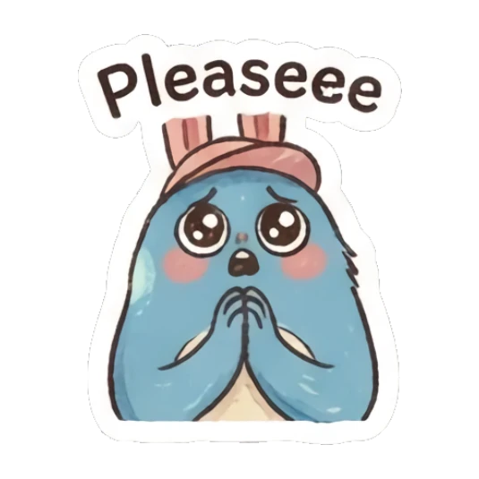 Blue bunny looking pleadingly with big eyes and text Pleaseee Furry Blue Bunny Buddy sticker for expressive chats and social replies.