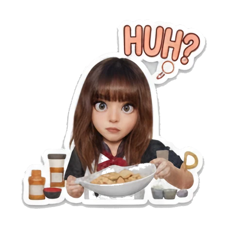 Girl chef looking confused at bowl, HUH Little Chef Adventures sticker for expressive chats and social replies.