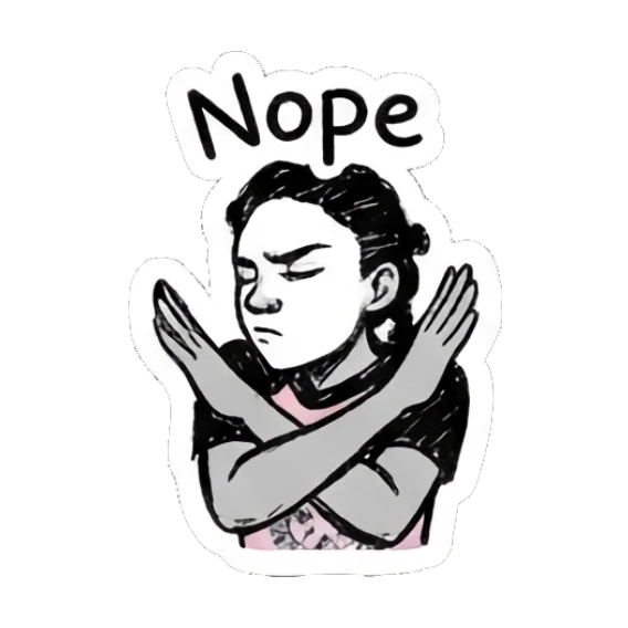 Girl making an X gesture with arms, rejecting expression, text 'Nope' Doodle Girl Expressions sticker for expressive chats and social replies.