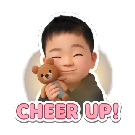 Little boy hugging a teddy bear with CHEER UP text. Little Boy Daily Expressions sticker for expressive chats and social replies.