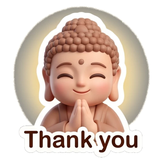 Little Buddha with hands together in prayer, glowing with gratitude. Zen Little Buddha Vibes sticker for expressive chats and social replies.