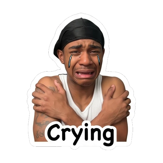 Young man crying with arms crossed and text Crying. Daily Vibes of a Durag Guy sticker for expressive chats and social replies.