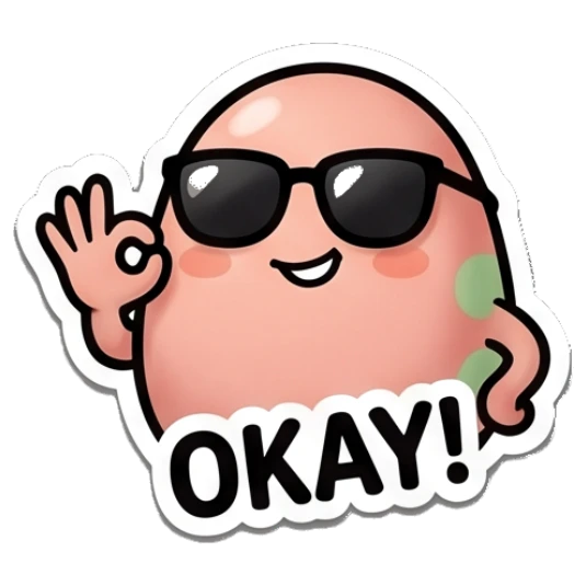 Pink egg wearing sunglasses giving an OK sign with text OKAY Pinky Egg Expressions sticker for expressive chats and social replies.