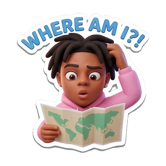 Gamer boy confused holding map, text 'WHERE AM I?!' Gamer Life Adventures sticker for expressive chats and social replies.
