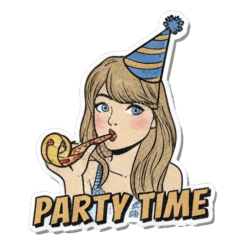 Blonde woman wearing a party hat with a noisemaker and PARTY TIME text Retro Pop Diva Vibes sticker for expressive chats and social replies.