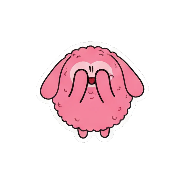 Pink creature hiding face shyly with hands Pink Fluffy Buddy sticker for expressive chats and social replies.