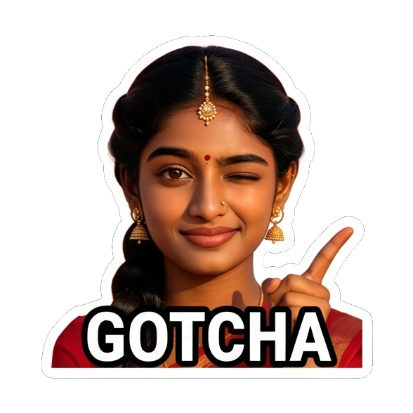Playful Indian girl winking saying Gotcha Indian Girl Expressions sticker for expressive chats and social replies.