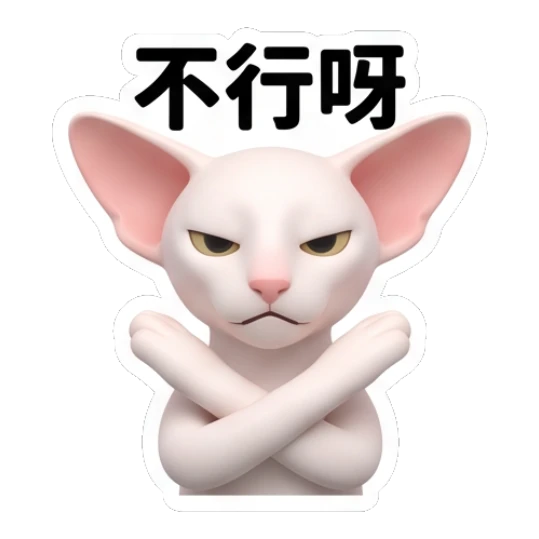 Disapproving Sphynx cat with crossed arms and '不行呀' text Sphynx Cat Daily Vibes sticker for expressive chats and social replies.