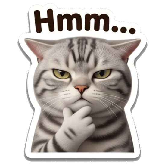 Thinking tabby cat with paw on chin with Hmm... text Tabby Cat Daily Expressions sticker for expressive chats and social replies.