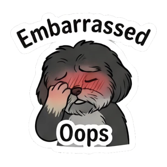 Shih Tzu covering face in embarrassment with blushing cheeks and text Oops Little Shih Tzu Moods sticker for expressive chats and social replies.