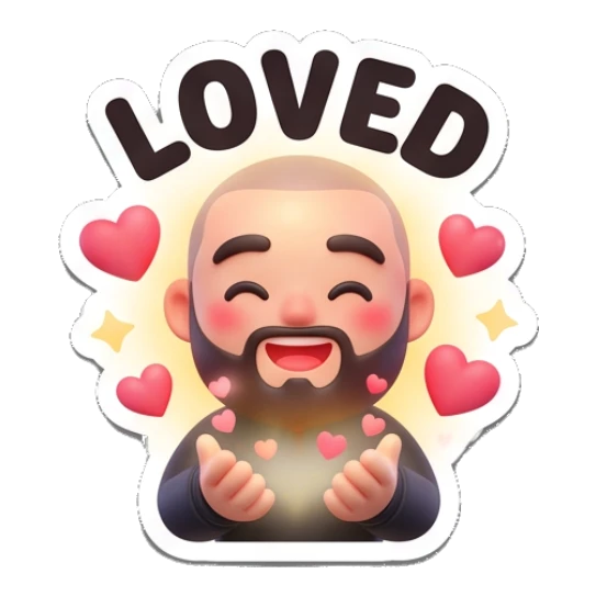 Bearded man surrounded by floating hearts, text LOVED Bearded Buddy Expressions sticker for expressive chats and social replies.
