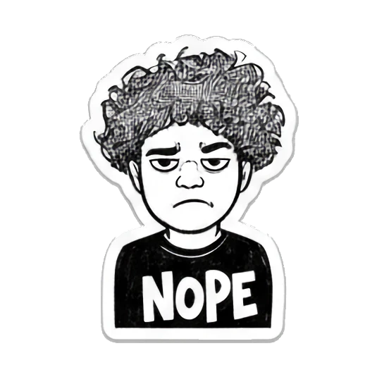 Curly-haired boy looking disappointed with text NOPE. Curly Hair Doodle Vibes sticker for expressive chats and social replies.