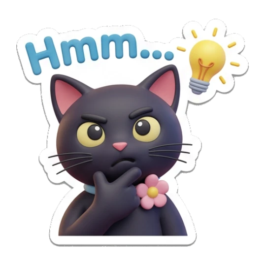 Thinking black cat with a lightbulb, text Hmm. Playful Black Cat Daily sticker for expressive chats and social replies.