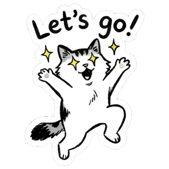 Cat jumping excitedly with sparkles, text Let's go! Quirky Doodle Cat Moods sticker for expressive chats and social replies.