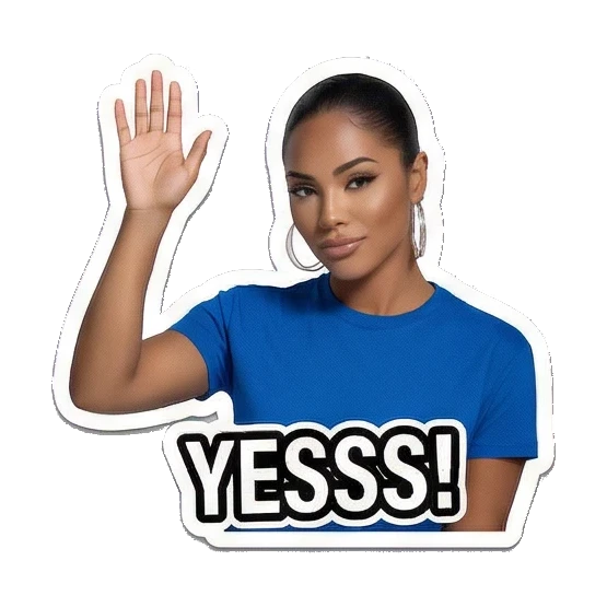 Friendly woman waving Yesss Modern Latina Daily Vibes sticker for expressive chats and social replies.