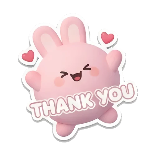 Pink bunny smiling with hearts and THANK YOU text. Pink Bunny Daily Moods sticker for expressive chats and social replies.