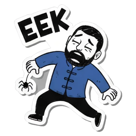Scared man seeing spider, "EEK!" Bearded Guy's Moods sticker for expressive chats and social replies.