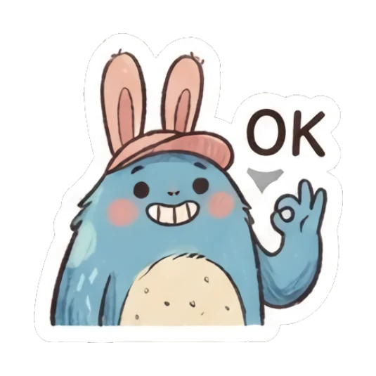 Blue bunny making an OK hand gesture with text OK Furry Blue Bunny Buddy sticker for expressive chats and social replies.