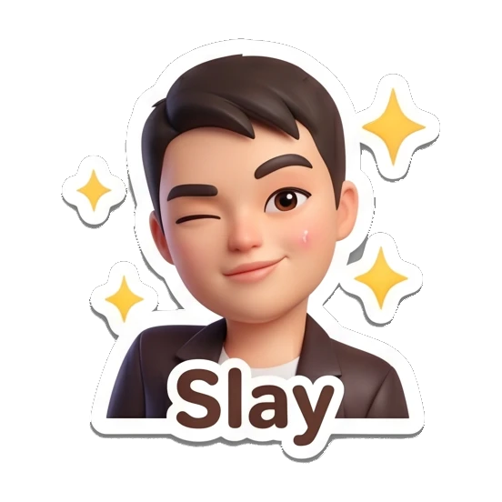 Boy winking with sparkles around his head and text Slay. Cheerful 3D Boy Expressions sticker for expressive chats and social replies.