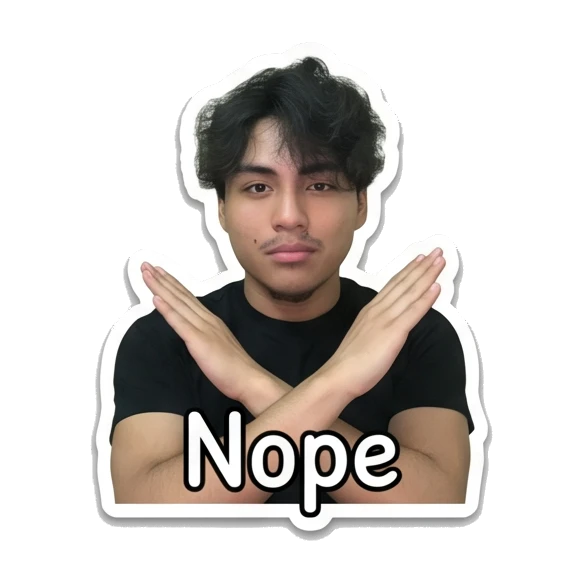 Young man crossing arms in a negative gesture with text Nope Daily Life of a Cool Guy sticker for expressive chats and social replies.
