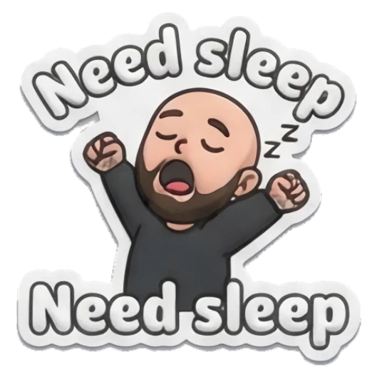 Bearded man yawning and stretching, text Need sleep Bearded Buddy Daily Vibes sticker for expressive chats and social replies.
