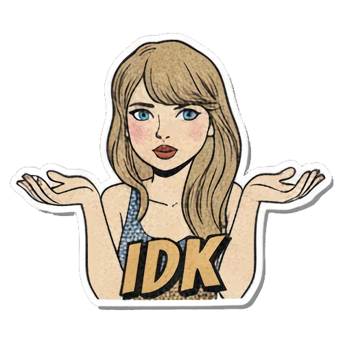 Blonde woman shrugging her shoulders with IDK text Retro Pop Diva Vibes sticker for expressive chats and social replies.