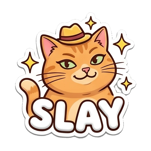 Stylish orange cat wearing a hat, text SLAY Puffy Orange Cat Moods sticker for expressive chats and social replies.