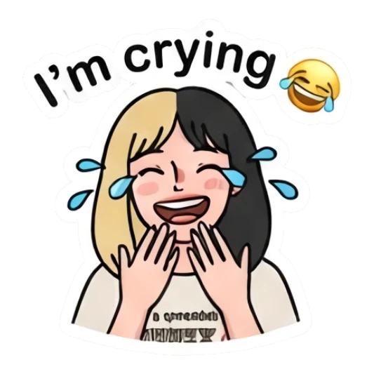 双色发女孩大笑流泪，文字I'm crying Two-Tone Girl Daily Vibes sticker for expressive chats and social replies.