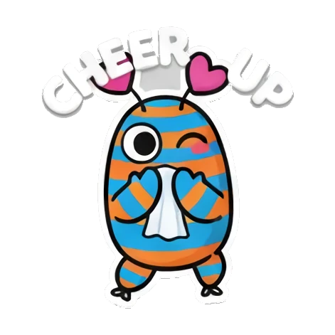 Monster holding a tissue, sad or cheering up, text CHEER UP. Mood Monsters sticker for expressive chats and social replies.