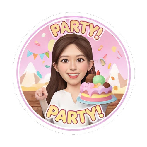 Girl with a birthday cake, 'PARTY' text, celebratory. Sweet Girl Daily Life sticker for expressive chats and social replies.