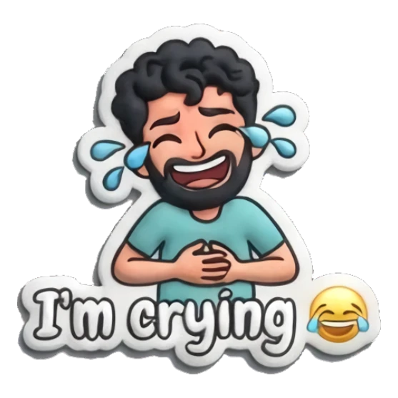 Man laughing with tears and 'I'm crying' text. Curly Beard Guy Daily Vibes sticker for expressive chats and social replies.